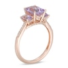 Thumbnail Image 2 of Emerald-Cut Pink Quartz and 1/6 CT. T.W. Diamond Three Stone Ring in 14K Rose Gold - Size 7