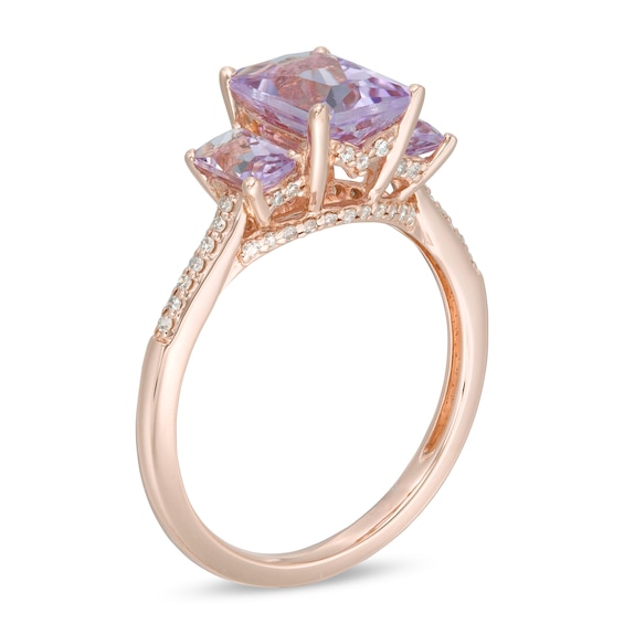 Emerald-Cut Pink Quartz and 1/6 CT. T.W. Diamond Three Stone Ring in 14K Rose Gold - Size 7 Emerald-Cut Pink Quartz and 1/6 CT. T.W. Diamond Three Stone Ring in 14K Rose Gold - Size 7