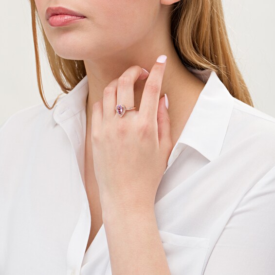 Pear-Shaped Pink Quartz and 3/8 CT. T.W. Diamond Teardrop Frame Ring in 14K Rose Gold - Size 7 Pear-Shaped Pink Quartz and 3/8 CT. T.W. Diamond Teardrop Frame Ring in 14K Rose Gold - Size 7