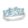 Thumbnail Image 0 of Cushion-Cut Aquamarine and 1/8 CT. T.W. Diamond Three Stone Ring in 14K White Gold - Size 7