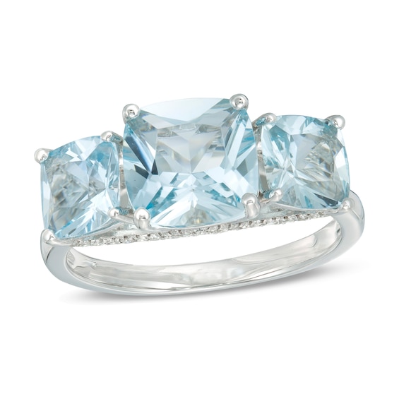 Cushion-Cut Aquamarine and 1/8 CT. T.w. Diamond Three Stone Ring in 14K White Gold - Size 7