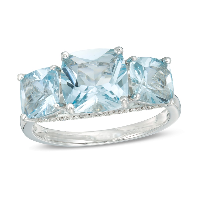 Cushion-Cut Aquamarine and 1/8 CT. T.W. Diamond Three Stone Ring in 14K White Gold - Size 7