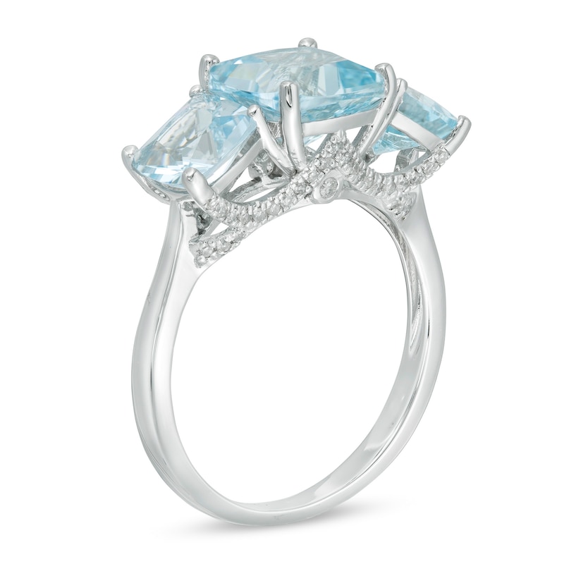 Cushion-Cut Aquamarine and 1/8 CT. T.W. Diamond Three Stone Ring in 14K White Gold - Size 7