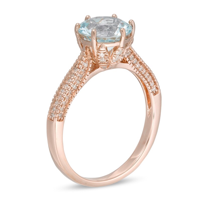 8.0mm Aquamarine and 1/5 CT. T.W. Diamond Vintage-Style Ring in 14K Rose Gold - Size 7