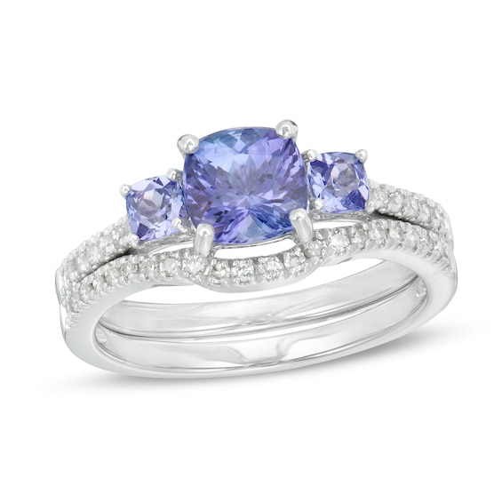 Cushion-Cut Tanzanite and 1/4 CT. T.w. Diamond Three Stone Bridal Set in 14K White Gold - Size 7