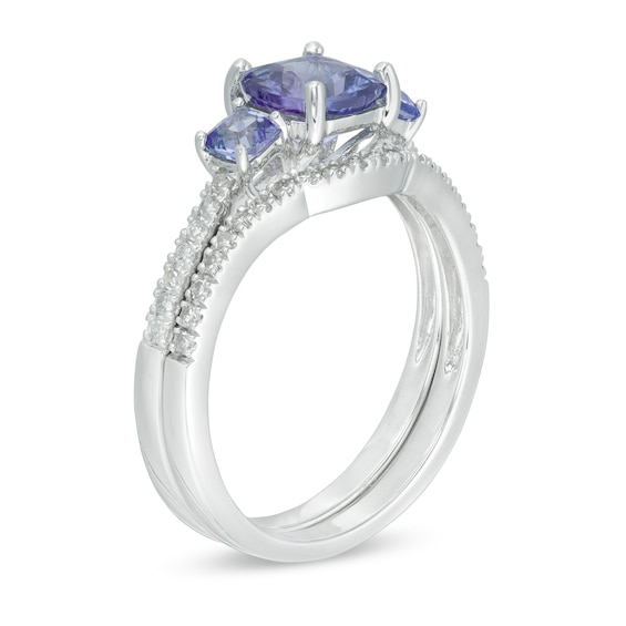 Cushion-Cut Tanzanite and 1/4 CT. T.w. Diamond Three Stone Bridal Set in 14K White Gold - Size 7