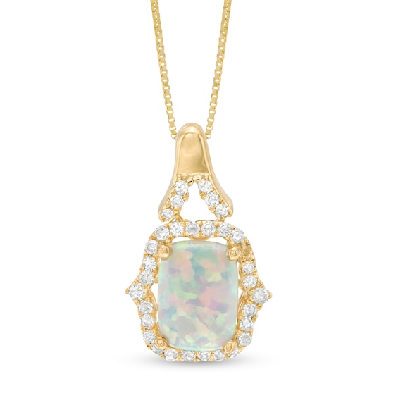 Elongated Cushion-Shaped Lab-Created Opal and 1/6 CT. T.w. Diamond Frame Pendant in 10K Gold