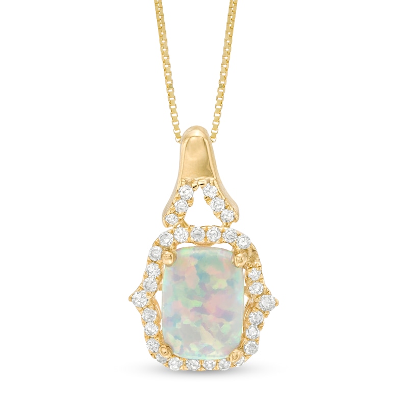 Elongated Cushion-Cut Lab-Created Opal and 1/6 CT. T.W. Diamond Frame Pendant in 10K Gold