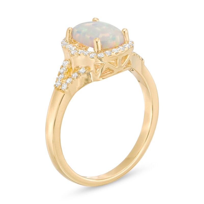 Elongated Cushion-Cut Lab-Created Opal and 1/5 CT. T.W. Diamond Frame Split Shank Ring in 10K Gold