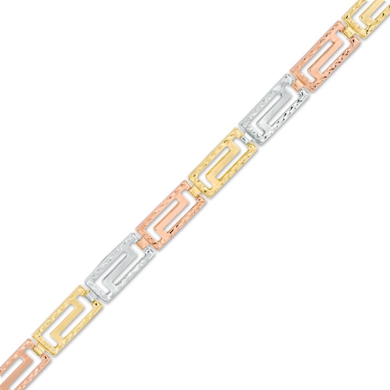 Reversible Diamond-Cut and Polished Greek Key Link Bracelet in 10K Tri-Tone Gold - 7.25"