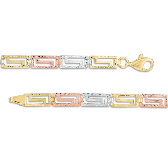 Reversible Diamond-Cut and Polished Greek Key Link Bracelet in 10K Tri-Tone Gold - 7.25"