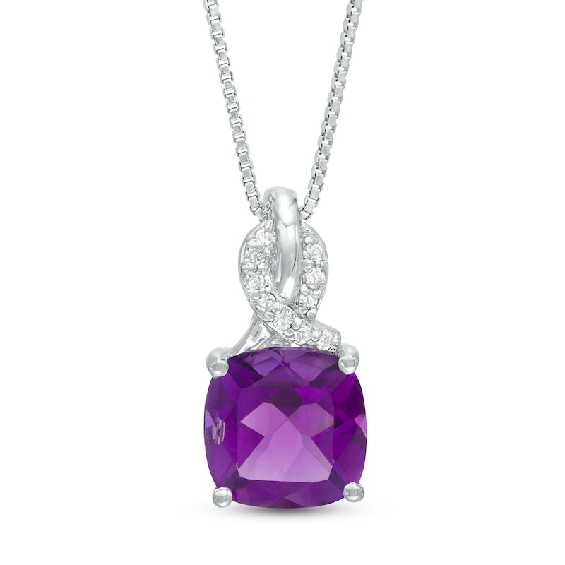 Main Image 1 of 8.0mm Cushion-Cut Amethyst and 1/20 CT. T.W. Diamond Ribbon Top Pendant in Sterling Silver