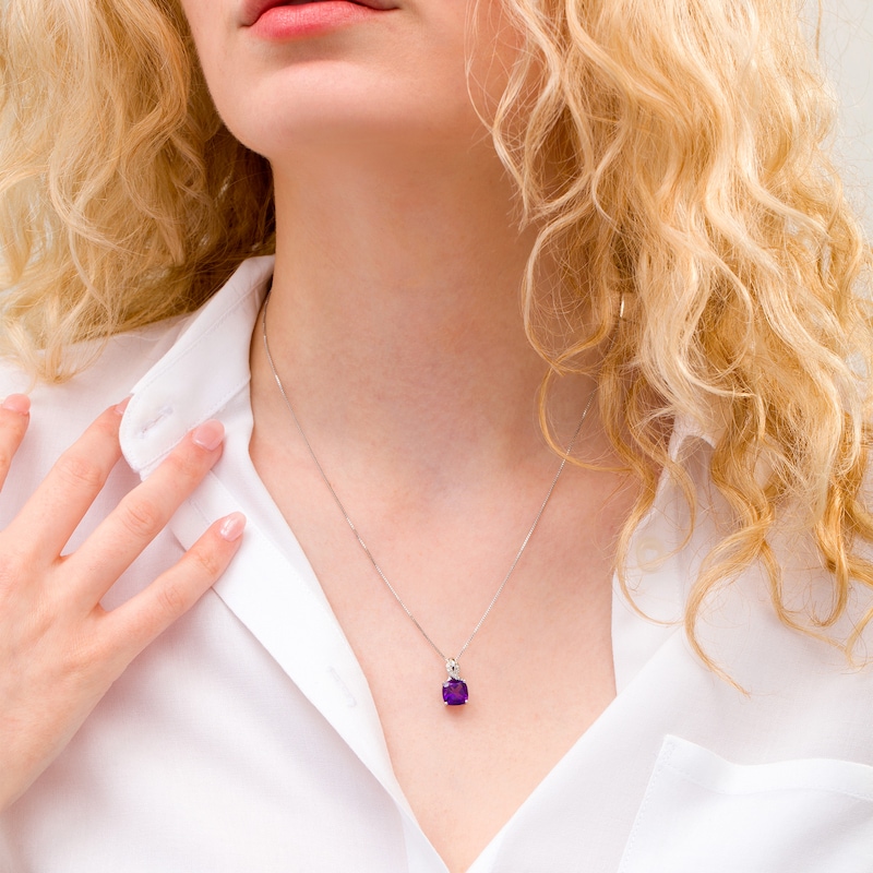 Main Image 2 of 8.0mm Cushion-Cut Amethyst and 1/20 CT. T.W. Diamond Ribbon Top Pendant in Sterling Silver
