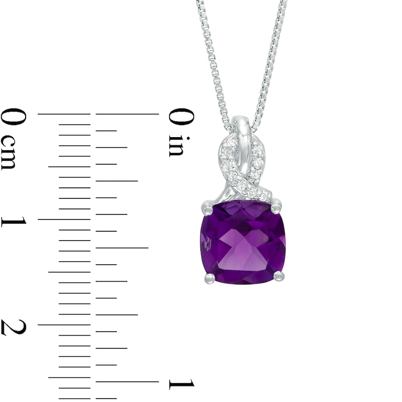 Main Image 3 of 8.0mm Cushion-Cut Amethyst and 1/20 CT. T.W. Diamond Ribbon Top Pendant in Sterling Silver