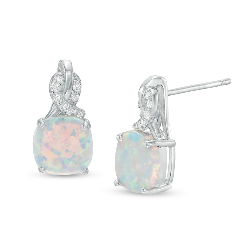 6.0mm Cushion-Cut Lab-Created Opal and 1/15 CT. T.W. Diamond Ribbon Drop Earrings in Sterling Silver