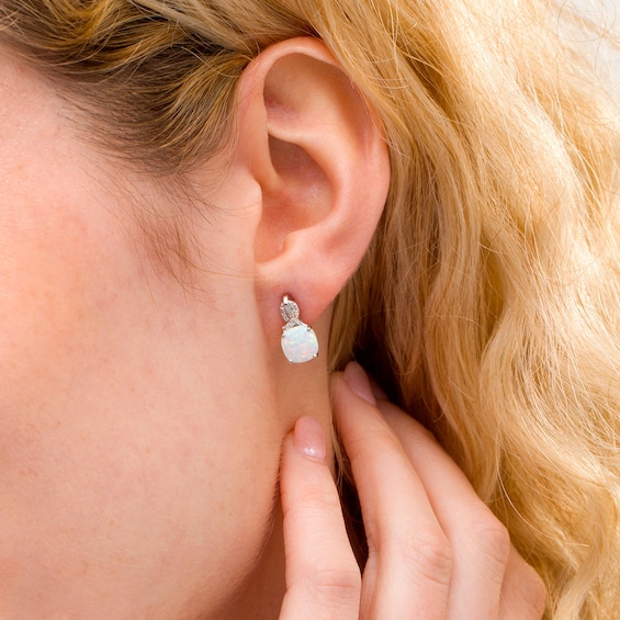 6.0mm Cushion-Shaped Lab-Created Opal and 1/15 CT. T.w. Diamond Ribbon Drop Earrings in Sterling Silver