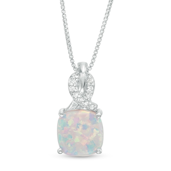 8.0mm Cushion-Shaped Lab-Created Opal and 1/20 CT. T.w. Diamond Ribbon Top Pendant in Sterling Silver