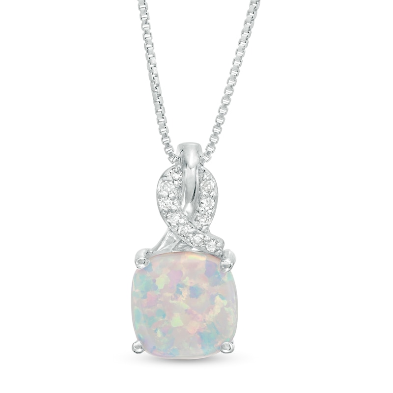 8.0mm Cushion-Cut Lab-Created Opal and 1/20 CT. T.W. Diamond Ribbon Top Pendant in Sterling Silver