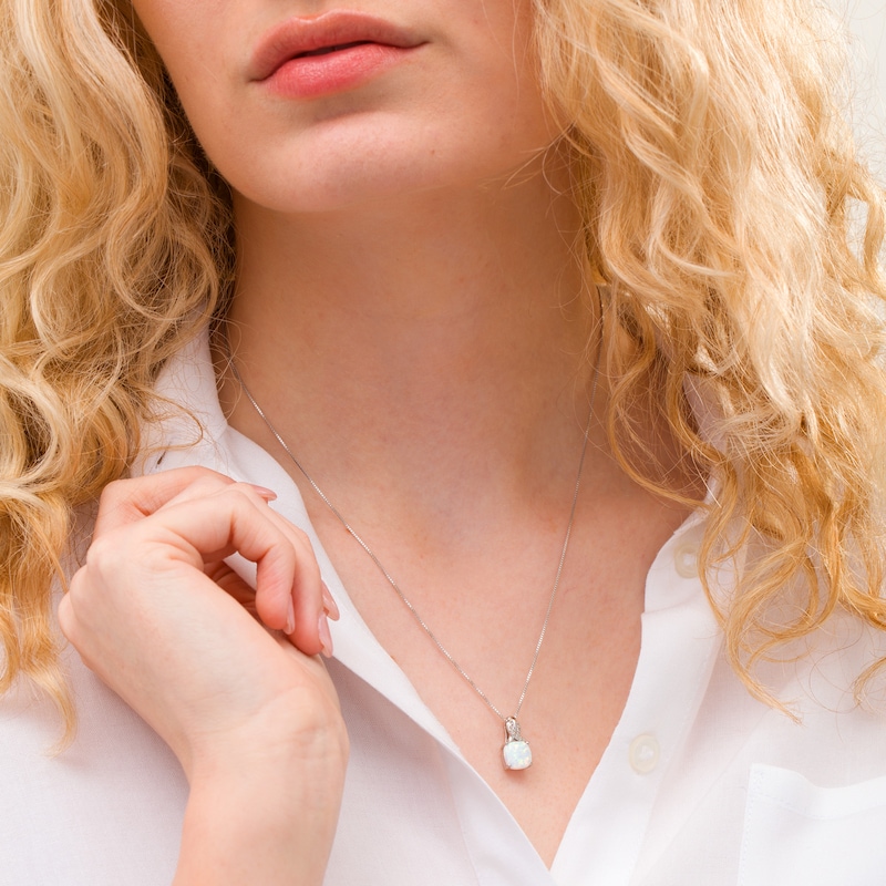 8.0mm Cushion-Cut Lab-Created Opal and 1/20 CT. T.W. Diamond Ribbon Top Pendant in Sterling Silver