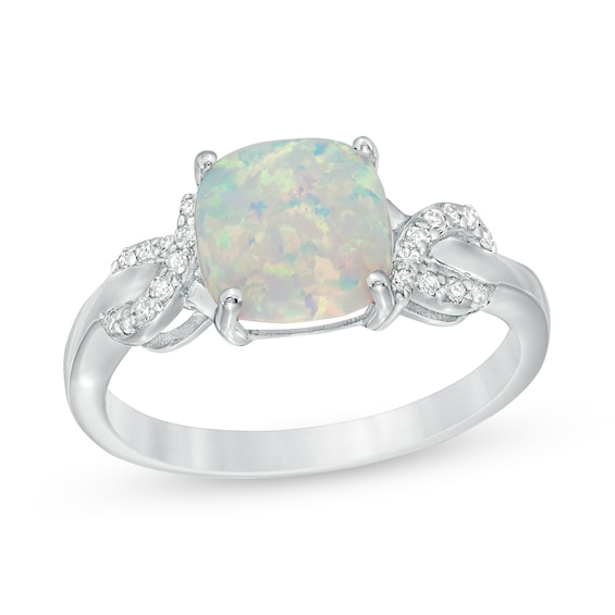 8.0mm Cushion-Shaped Lab-Created Opal and 1/10 CT. T.w. Diamond Ribbons Ring in Sterling Silver