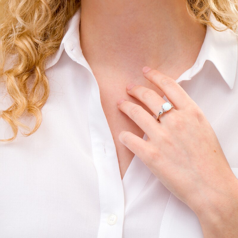 8.0mm Cushion-Cut Lab-Created Opal and 1/10 CT. T.W. Diamond Ribbons Ring in Sterling Silver