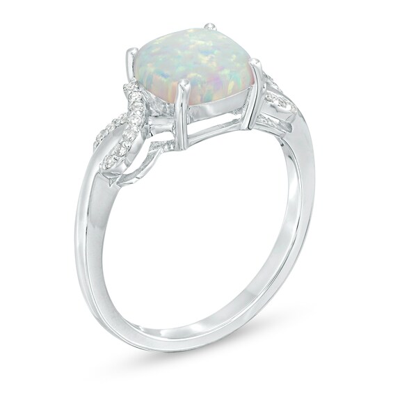 8.0mm Cushion-Shaped Lab-Created Opal and 1/10 CT. T.w. Diamond Ribbons Ring in Sterling Silver