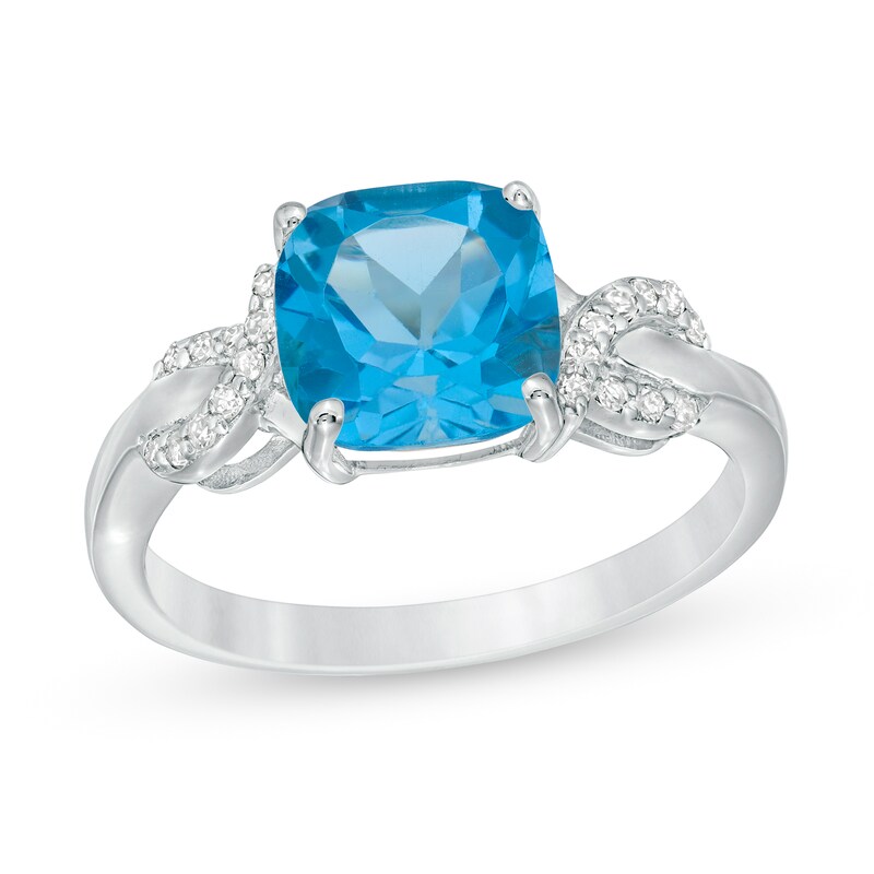 8.0mm Cushion-Cut Blue Topaz and 1/10 CT. T.W. Diamond Ribbons Ring in Sterling Silver