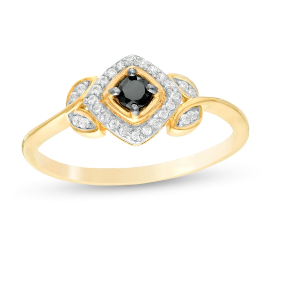 1/5 CT. T.w. Enhanced Black and White Diamond Tilted Cushion Frame Leaf Shank Promise Ring in 10K Gold