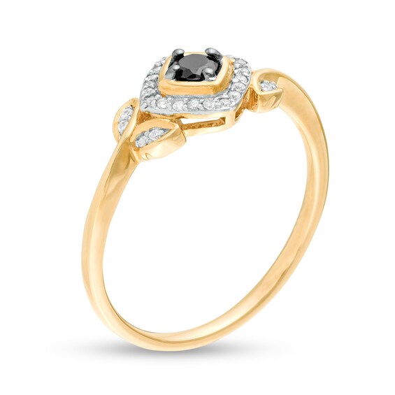 1/5 CT. T.w. Enhanced Black and White Diamond Tilted Cushion Frame Leaf Shank Promise Ring in 10K Gold