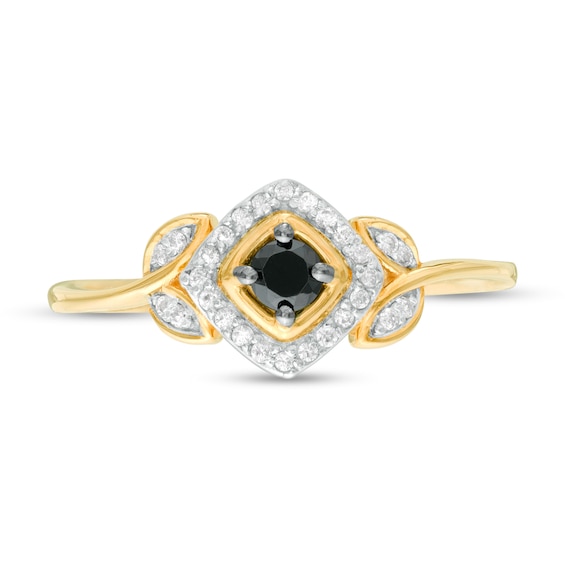 1/5 CT. T.w. Enhanced Black and White Diamond Tilted Cushion Frame Leaf Shank Promise Ring in 10K Gold