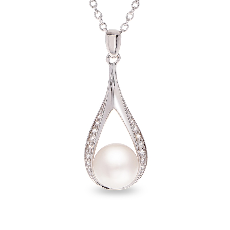 8.5-9.0mm Button Cultured Freshwater Pearl and White Topaz Teardrop Pendant in Sterling Silver - 20"