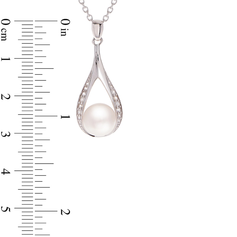 8.5-9.0mm Button Cultured Freshwater Pearl and White Topaz Teardrop Pendant in Sterling Silver - 20"