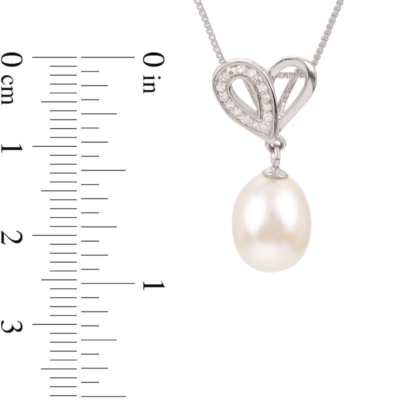 9.0-9.5mm Oval Cultured Freshwater Pearl and White Topaz Double Loop Heart Pendant in Sterling Silver