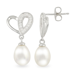 7.0-8.0mm Oval Freshwater Cultured Pearl and White Topaz Double Loop Heart Drop Earrings in Sterling Silver
