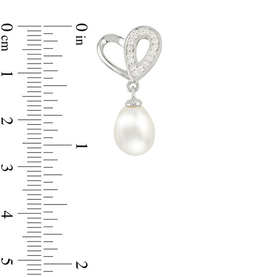 7.0-8.0mm Oval Freshwater Cultured Pearl and White Topaz Double Loop Heart Drop Earrings in Sterling Silver