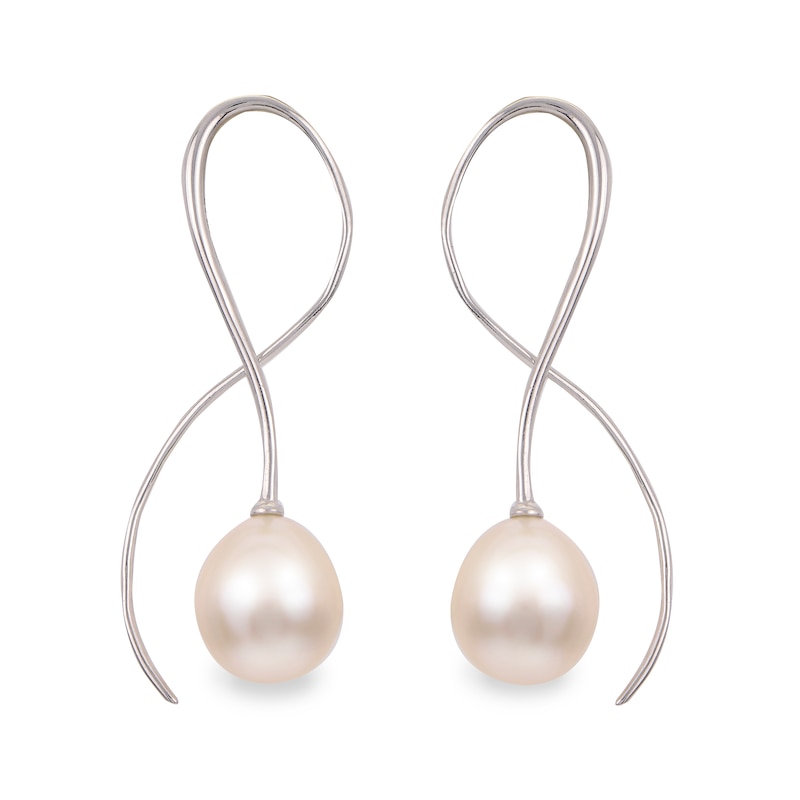 Main Image 1 of 9.0-9.5mm Oval Freshwater Cultured Pearl Swirl Ribbon Threader Earrings in Sterling Silver