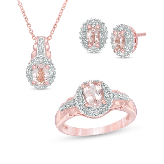 Oval Morganite and White Topaz Frame Three Piece Set in Sterling Silver with 14K Rose Gold Plate