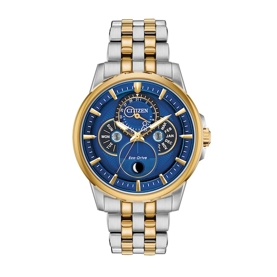 Men's Citizen Eco-DriveÂ® Calendrier Chronograph Two-Tone Watch with Blue Dial (Model: Bu0054-52L)