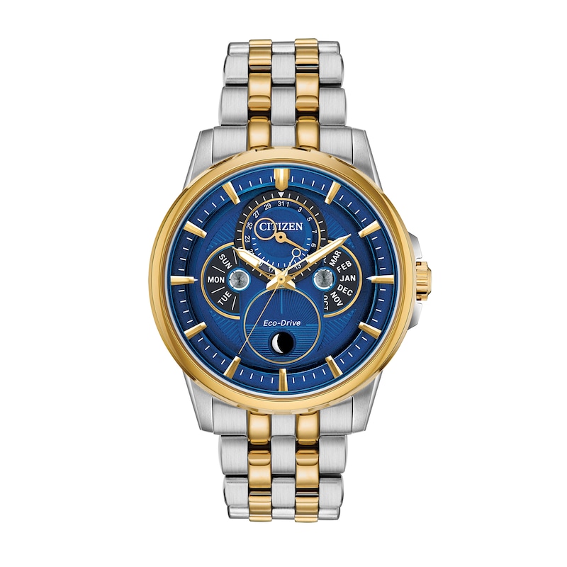 Men's Citizen Eco-Drive® Calendrier Chronograph Two-Tone Watch with Blue Dial (Model: BU0054-52L)