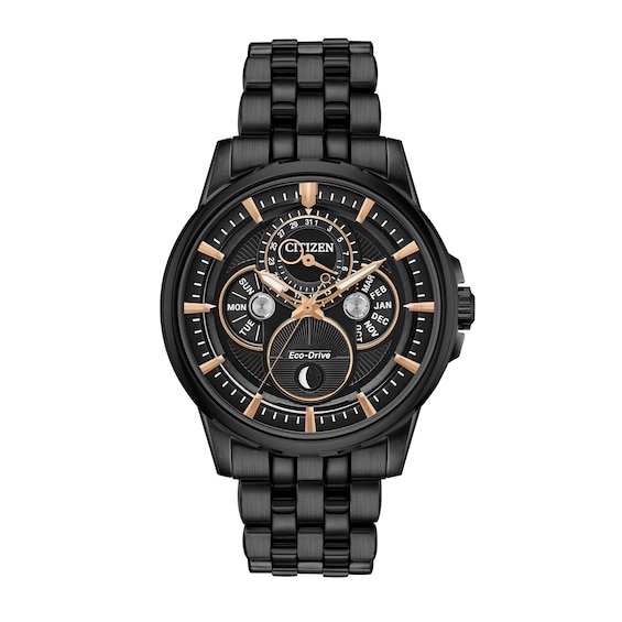 Men's Citizen Eco-Drive® Calendrier Black IP Chronograph Watch with Black Dial (Model: Bu0057-54E)
