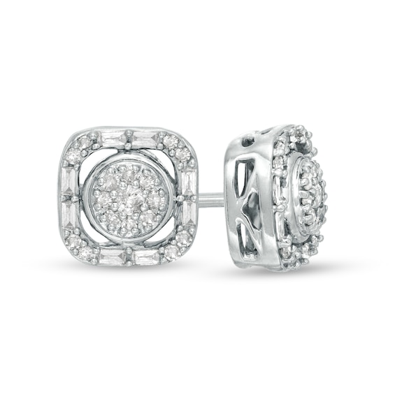 1/4 CT. T.W. Baguette and Round Composite Diamond Cushion Frame Earrings in 10K White Gold 1/4 CT. T.W. Baguette and Round Composite Diamond Cushion Frame Earrings in 10K White Gold