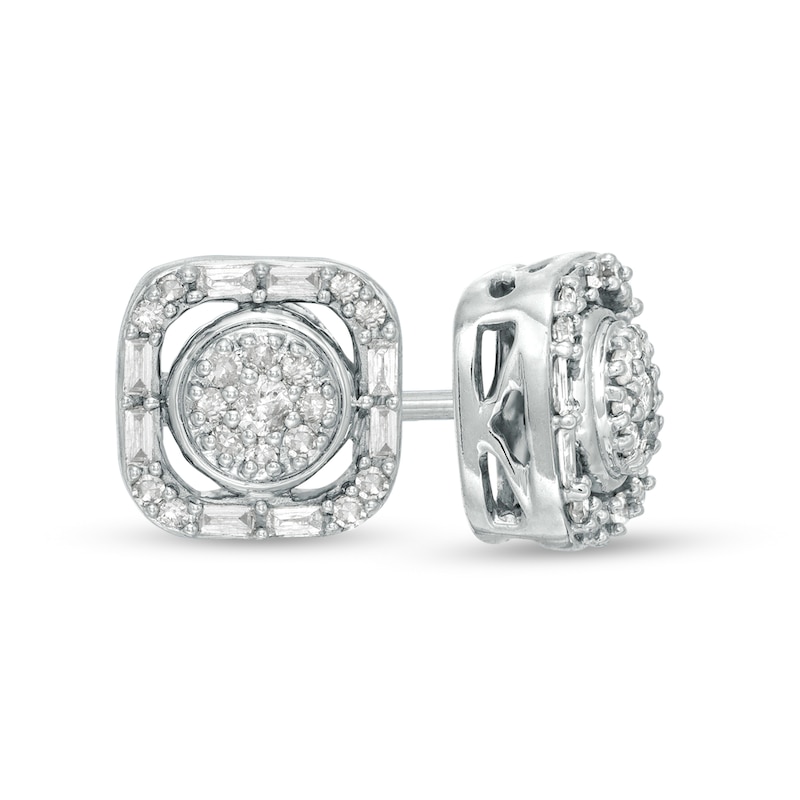 Main Image 1 of 1/4 CT. T.W. Baguette and Round Composite Diamond Cushion Frame Earrings in 10K White Gold