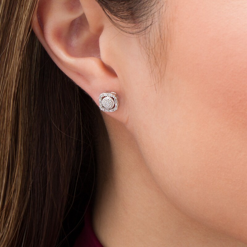 Main Image 2 of 1/4 CT. T.W. Baguette and Round Composite Diamond Cushion Frame Earrings in 10K White Gold