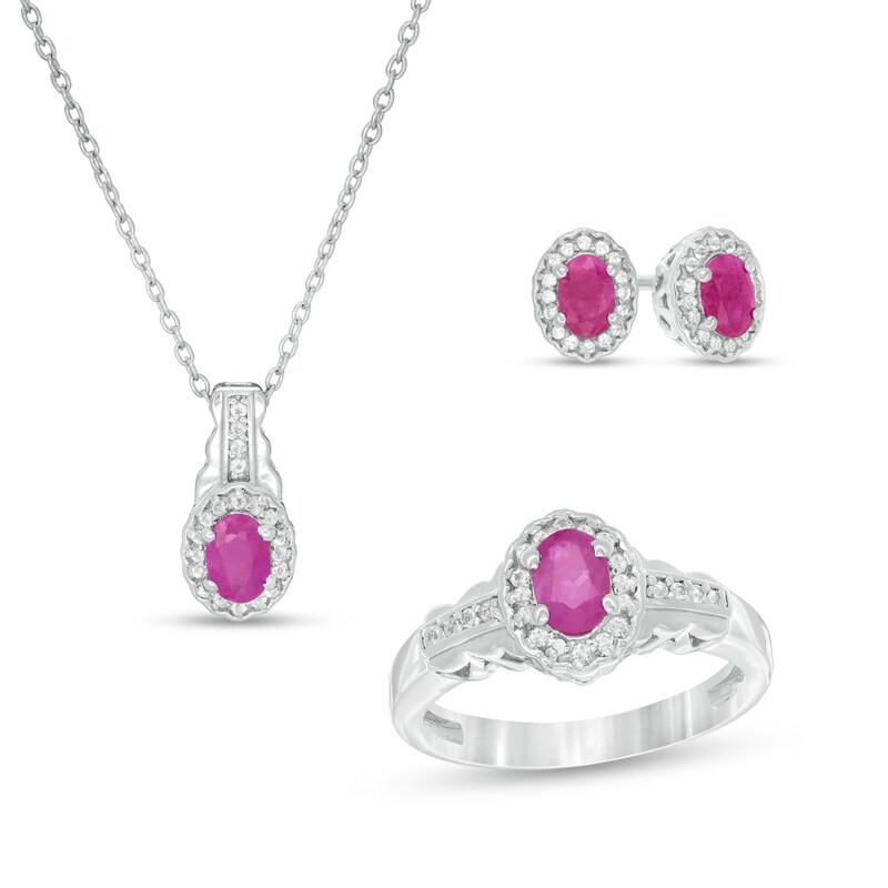Main Image 1 of Oval Ruby and White Topaz Frame Three Piece Set in Sterling Silver