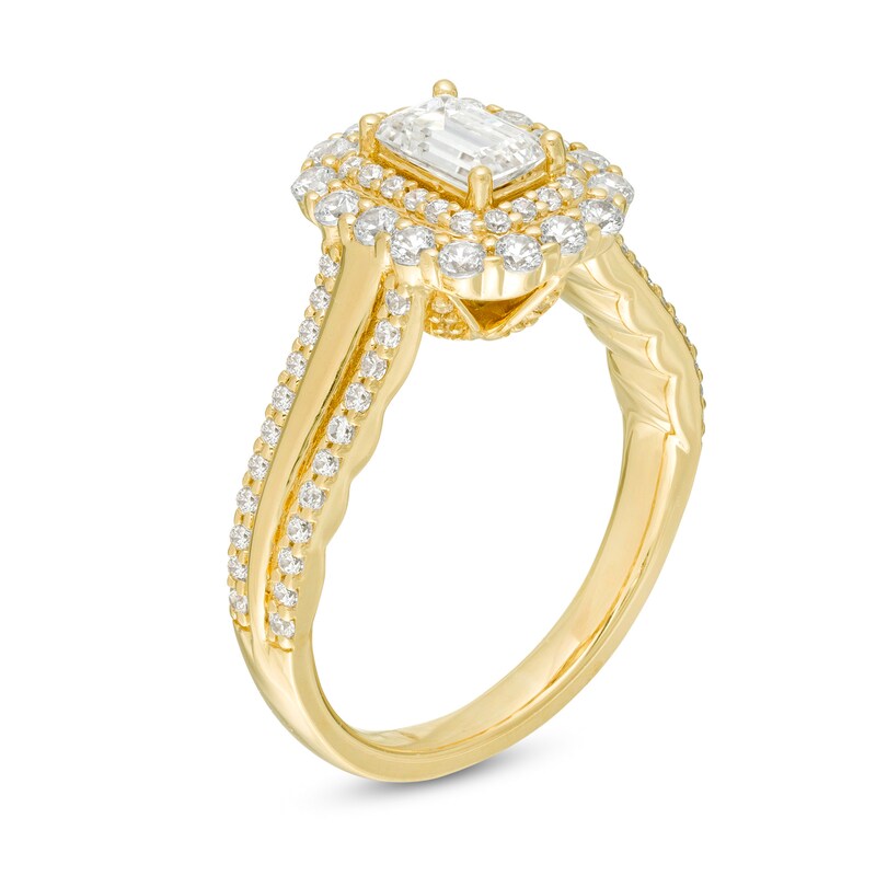 Main Image 3 of Love's Destiny by Zales 1-1/3 CT. T.W. Certified Emerald-Cut Diamond Scallop Frame Engagement Ring in 14K Gold (I/SI2)