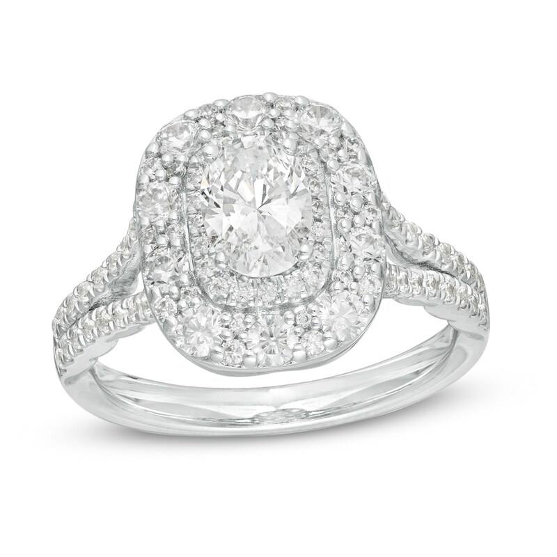 Main Image 1 of Love's Destiny by Zales 1-1/2 CT. T.W. Certified Oval Diamond Frame Engagement Ring in 14K Two-Tone Gold (I/SI2)