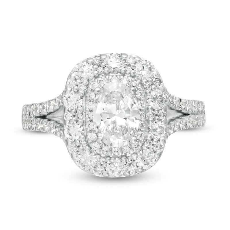 Main Image 4 of Love's Destiny by Zales 1-1/2 CT. T.W. Certified Oval Diamond Frame Engagement Ring in 14K Two-Tone Gold (I/SI2)