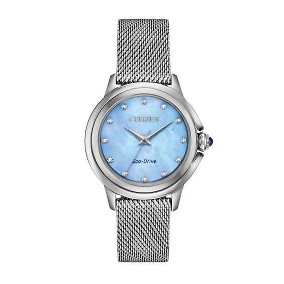 Ladies' Citizen Eco-Drive® Ceci Diamond Accent Mesh Watch with Blue Mother-of-Pearl Dial (Model: Em0790-55N)