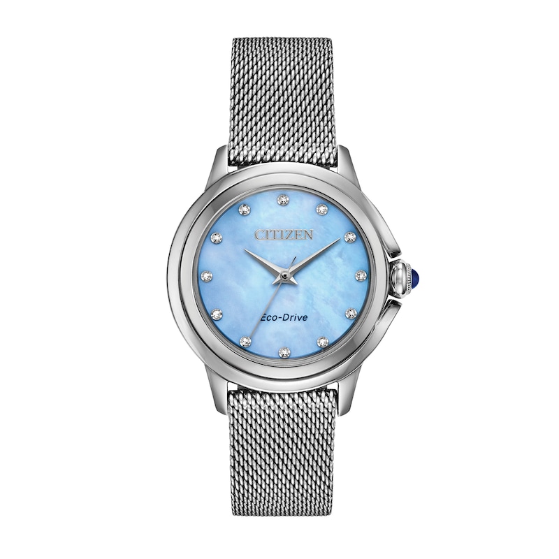 Ladies' Citizen Eco-Drive® Ceci Diamond Accent Mesh Watch with Blue Mother-of-Pearl Dial (Model: EM0790-55N)