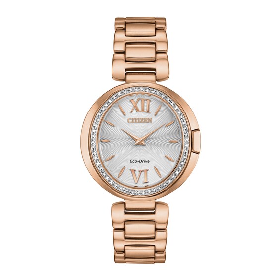 Ladies' Citizen Eco-DriveÂ® Capella Diamond Accent Rose-Tone IP Watch with Oval Silver-Tone Dial (Model: Ex1503-54A)